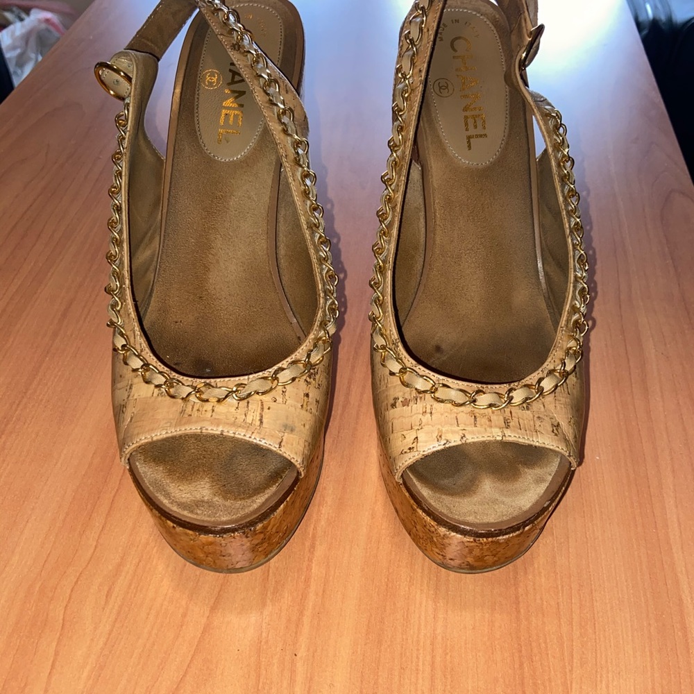 Chanel Cork Logo Chain Wedge Slingback Sandals